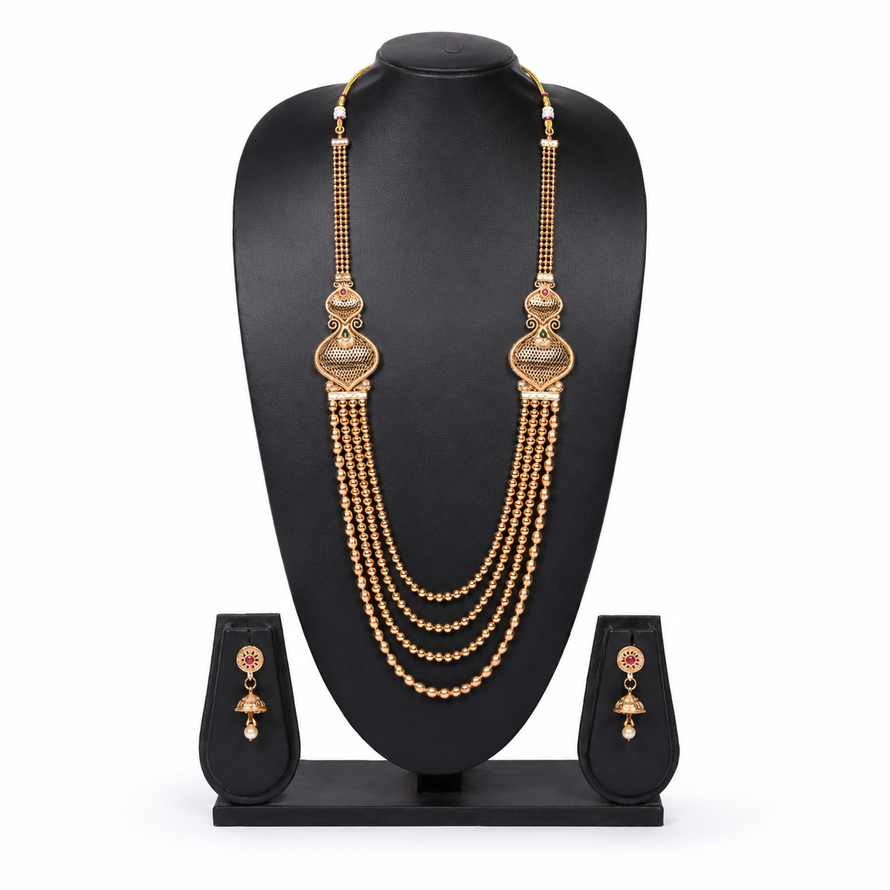 Royal Multi-Layer Gold Long Necklace Set with Earrings