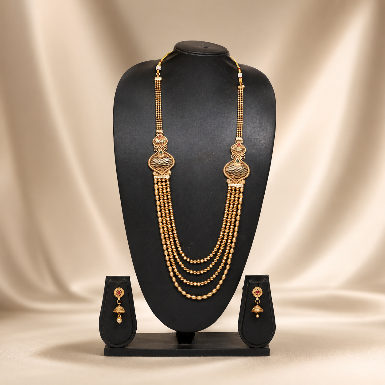 Royal Multi-Layer Gold Long Necklace Set with Earrings
