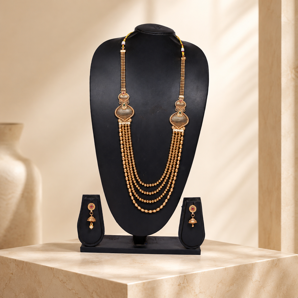Royal Multi-Layer Gold Long Necklace Set with Earrings