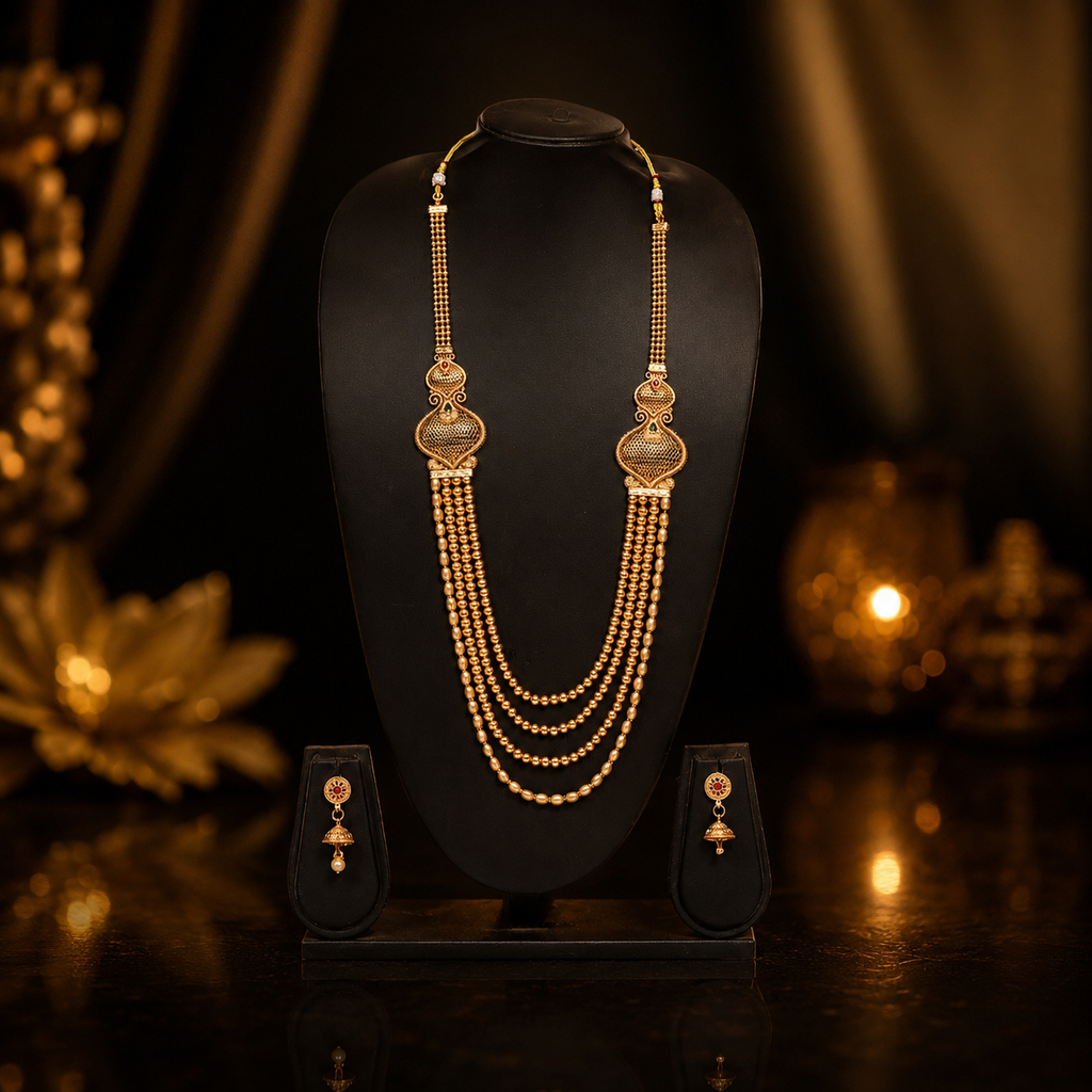 Royal Multi-Layer Gold Long Necklace Set with Earrings
