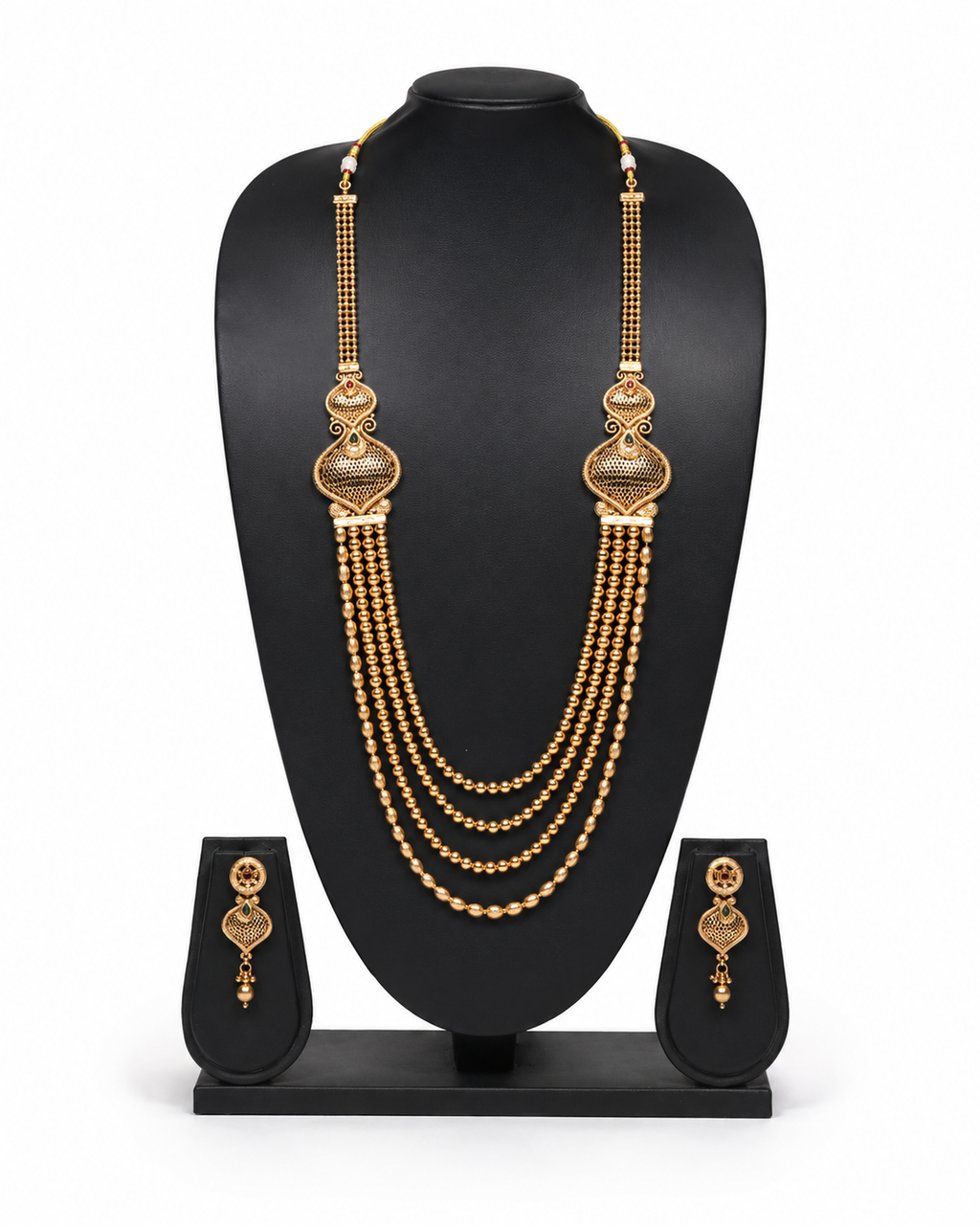 Elegant Four-Layer Gold Beaded Rani Haar Set with Earrings