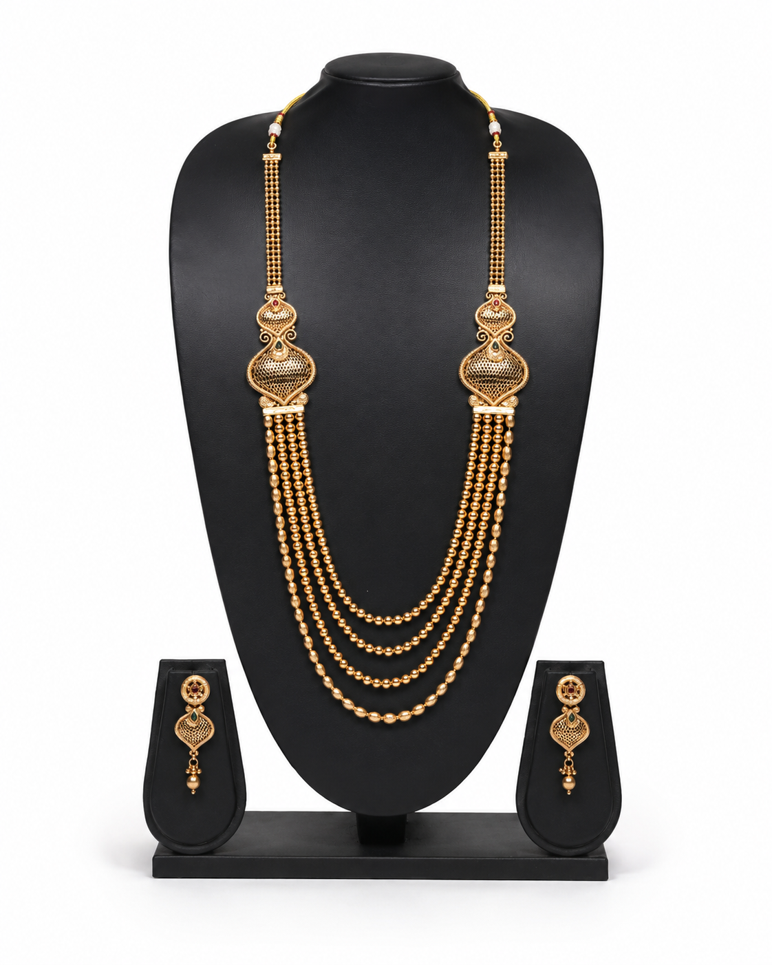 Elegant Four-Layer Gold Beaded Rani Haar Set with Earrings