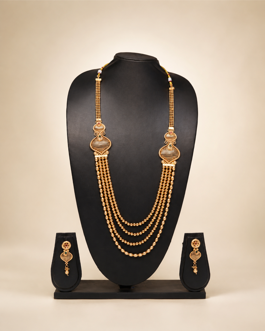 Elegant Four-Layer Gold Beaded Rani Haar Set with Earrings
