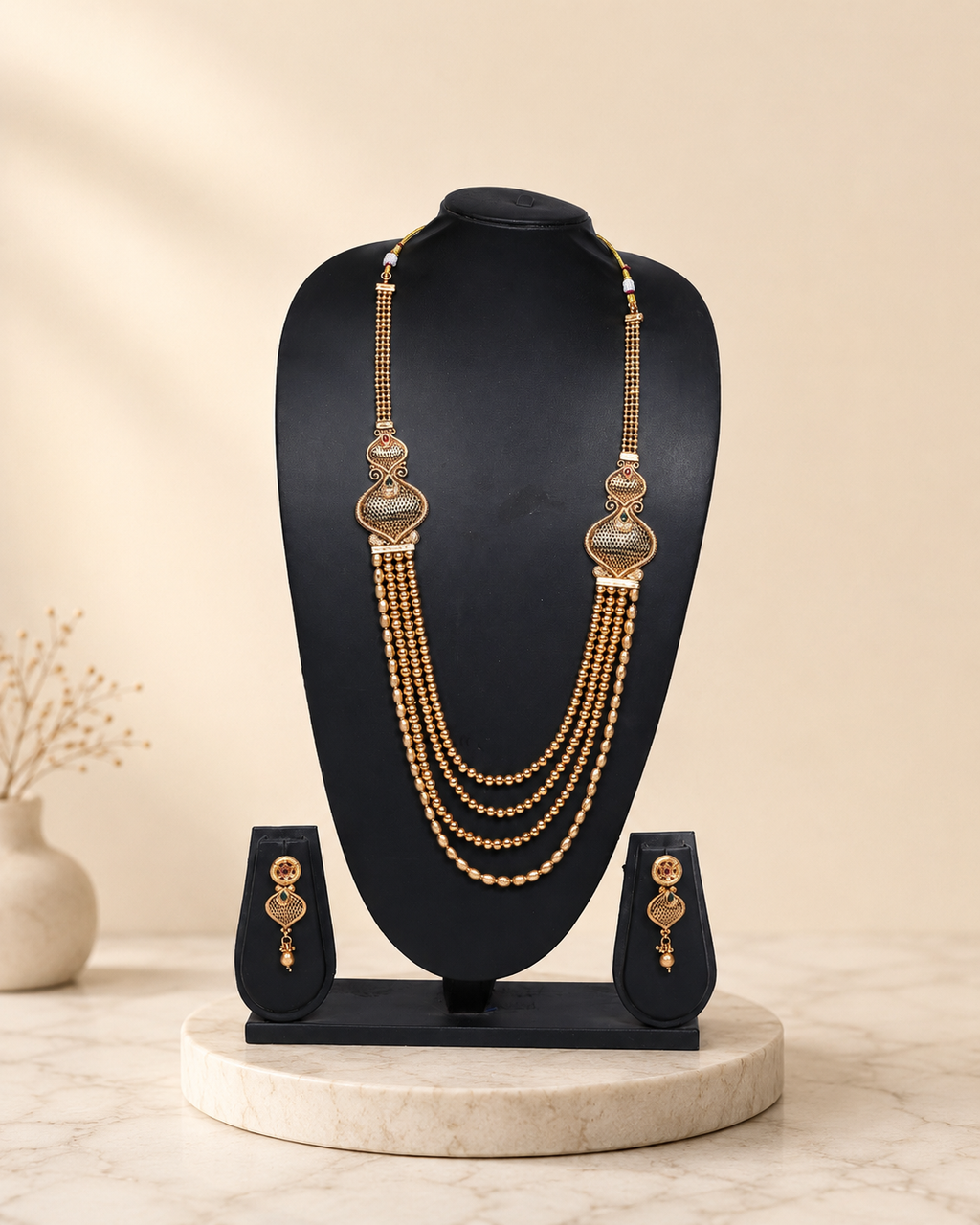 Elegant Four-Layer Gold Beaded Rani Haar Set with Earrings
