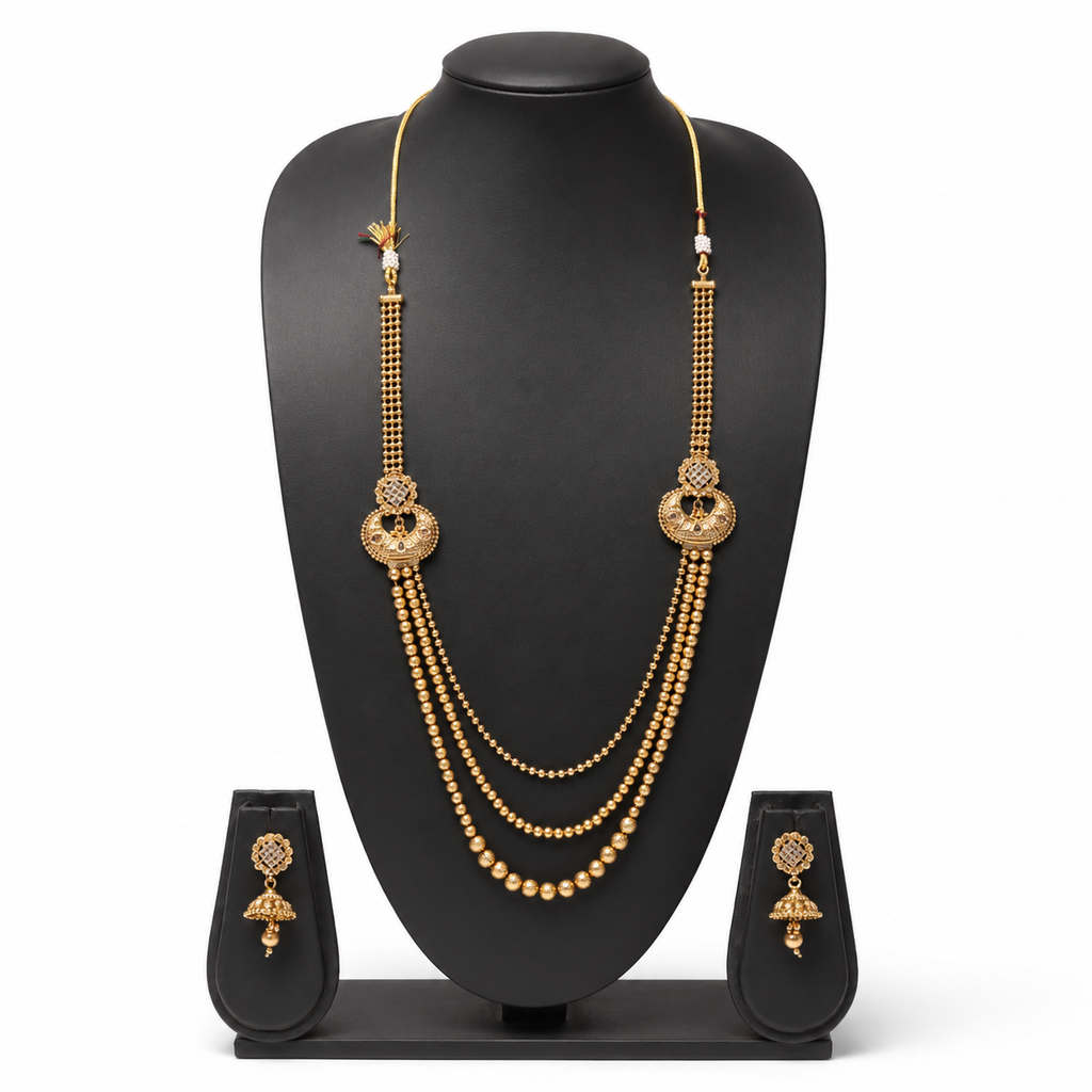 Traditional Three-Layer Gold Beaded Rani Haar Set with Jhumkas