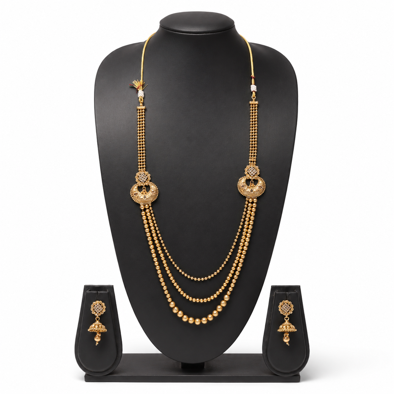 Traditional Three-Layer Gold Beaded Rani Haar Set with Jhumkas