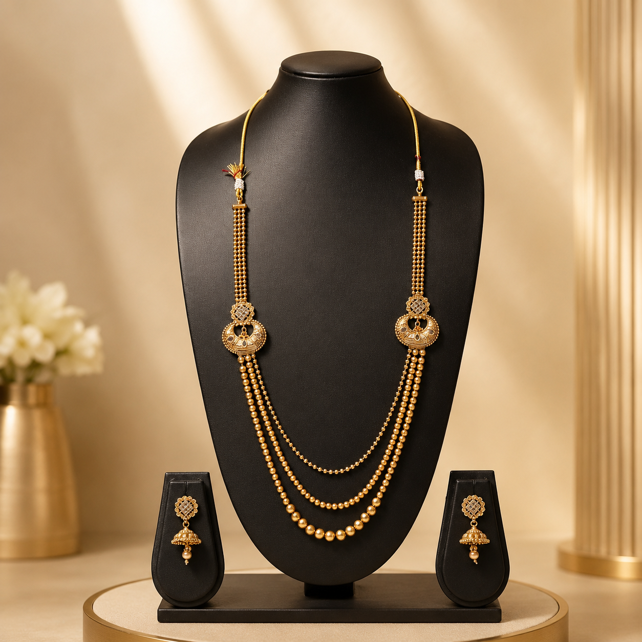 Traditional Three-Layer Gold Beaded Rani Haar Set with Jhumkas