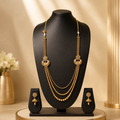 Traditional Three-Layer Gold Beaded Rani Haar Set with Jhumkas