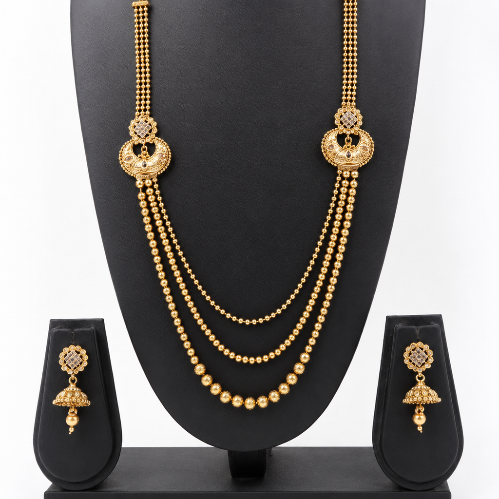 Traditional Three-Layer Gold Beaded Rani Haar Set with Jhumkas