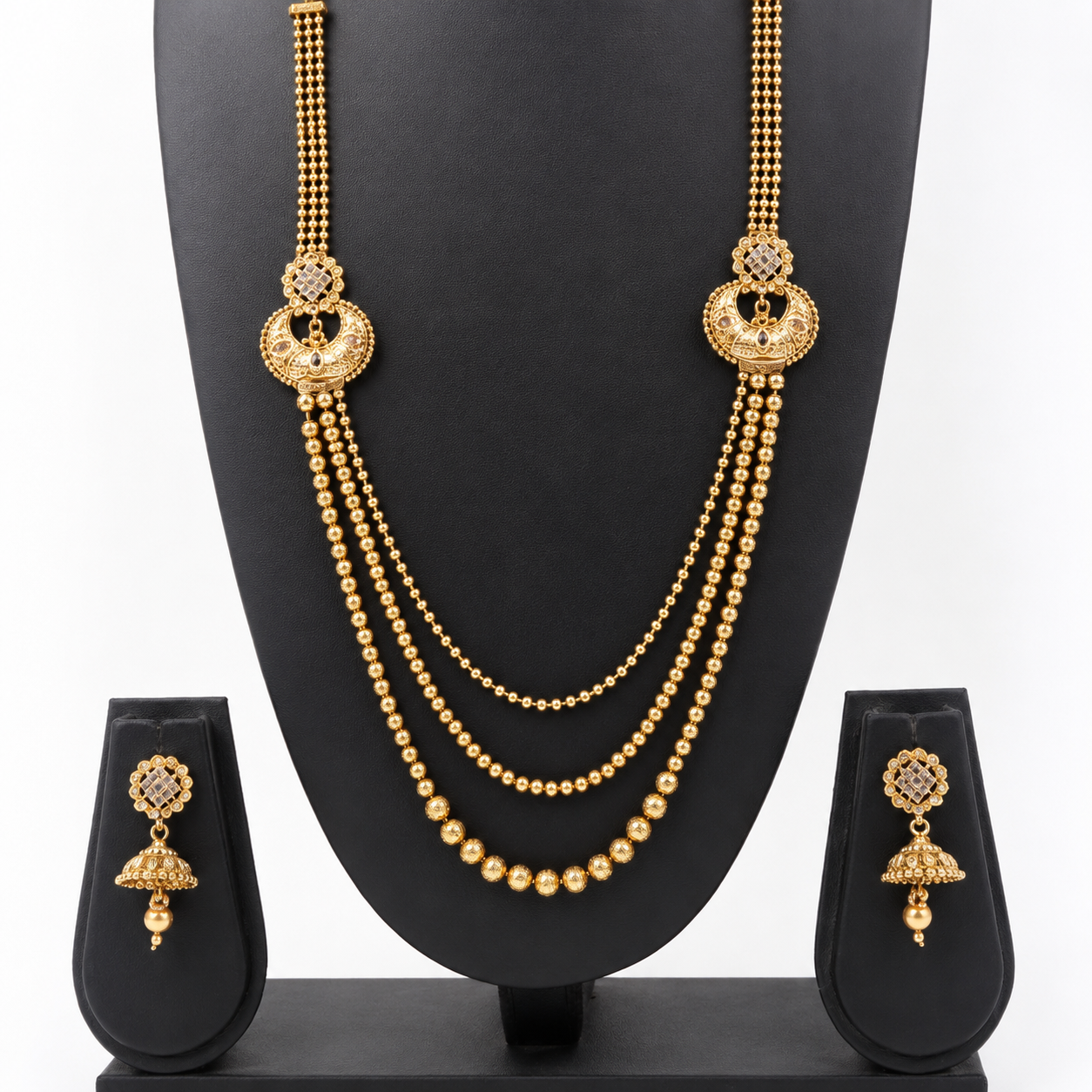 Traditional Three-Layer Gold Beaded Rani Haar Set with Jhumkas