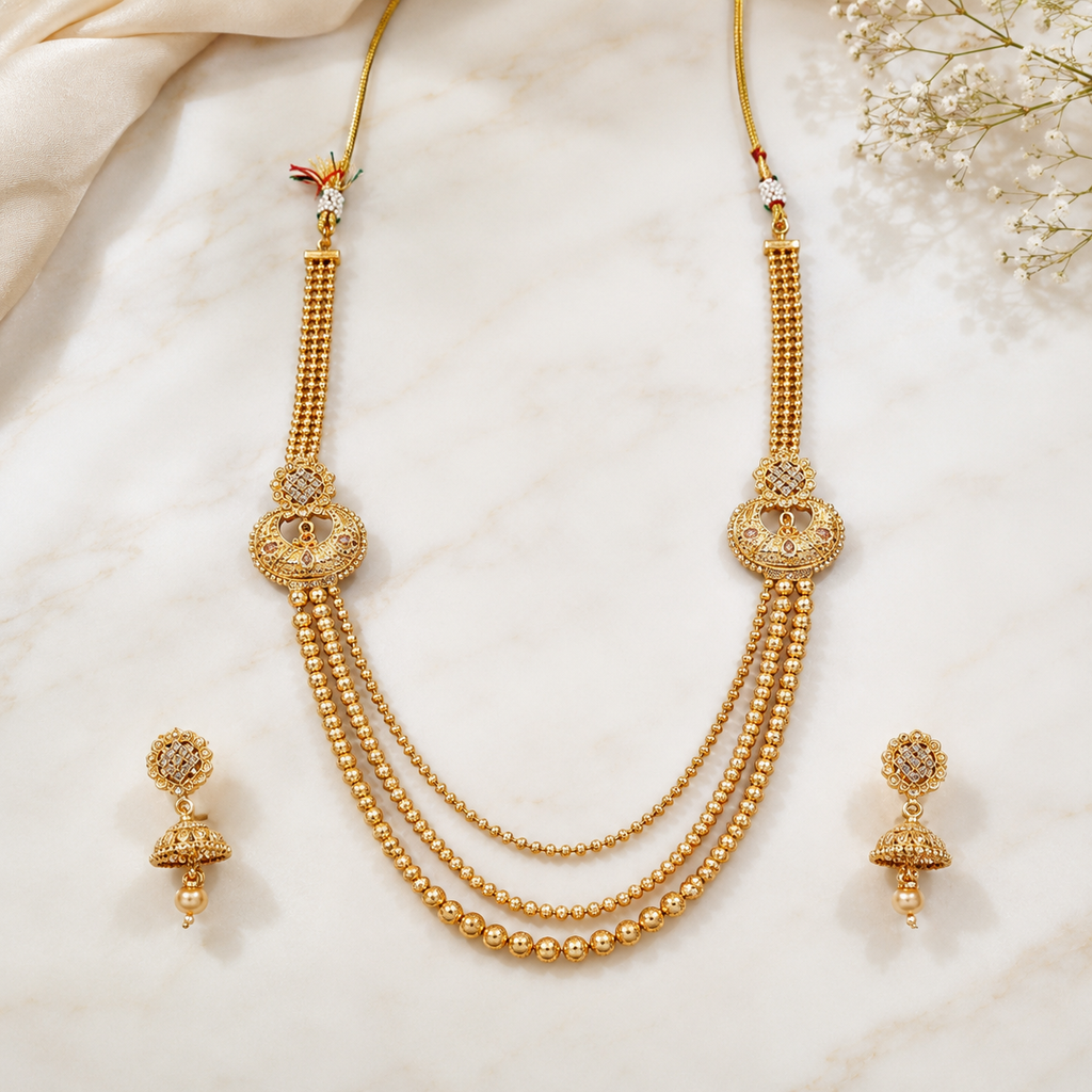 Traditional Three-Layer Gold Beaded Rani Haar Set with Jhumkas