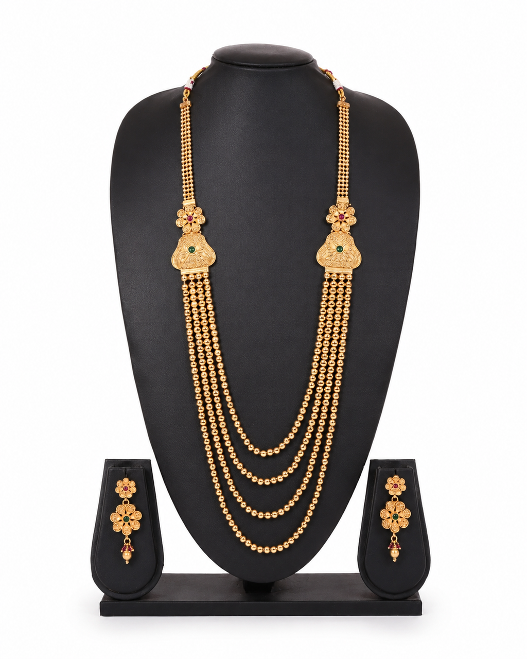 Traditional Four-Layer Gold Beaded Long Necklace Set with Floral Motifs