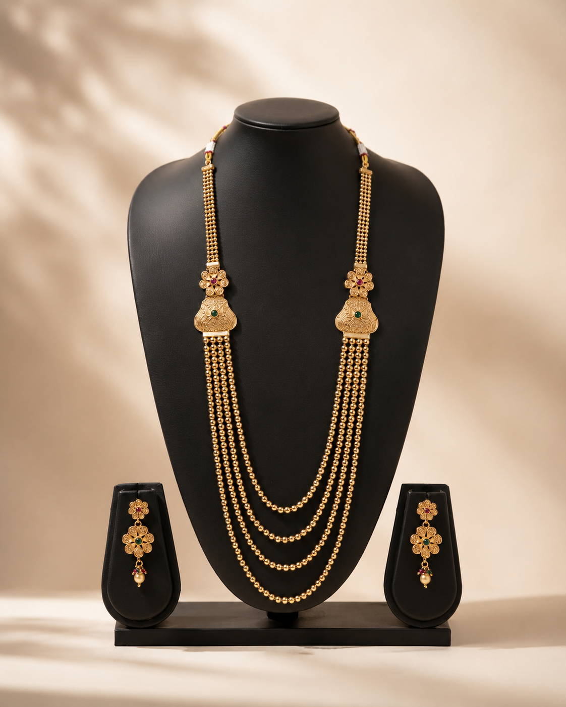 Traditional Four-Layer Gold Beaded Long Necklace Set with Floral Motifs