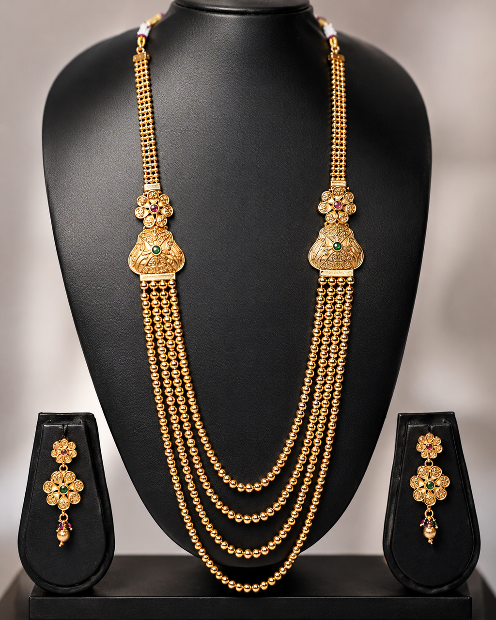 Traditional Four-Layer Gold Beaded Long Necklace Set with Floral Motifs