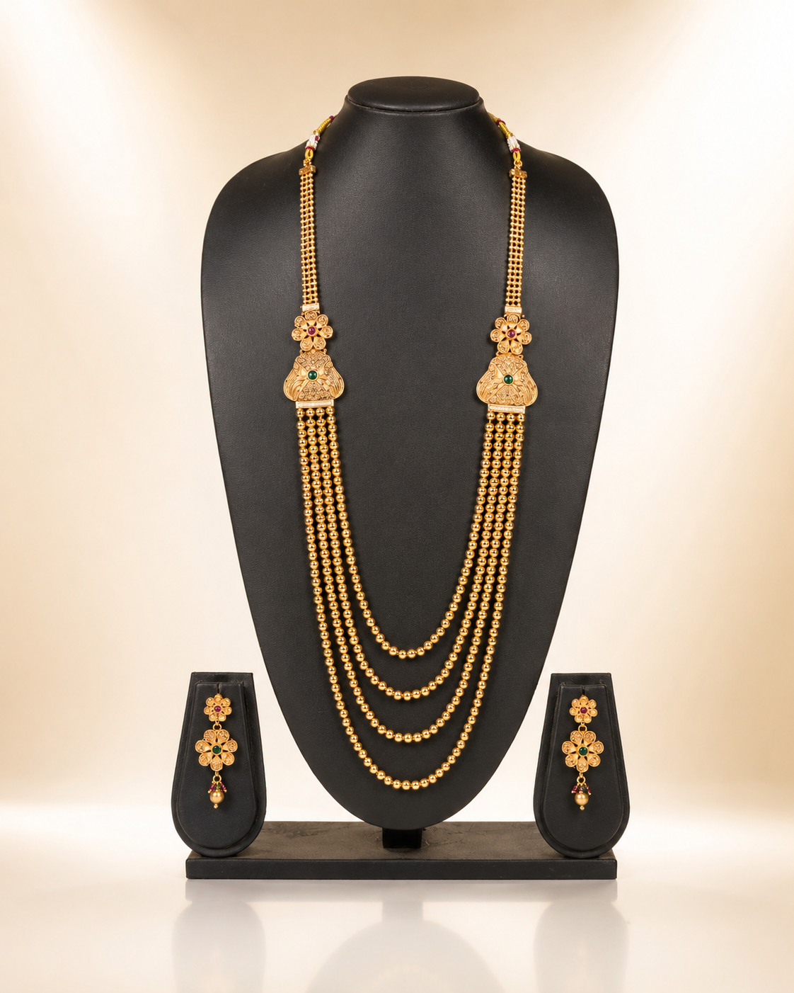Traditional Four-Layer Gold Beaded Long Necklace Set with Floral Motifs
