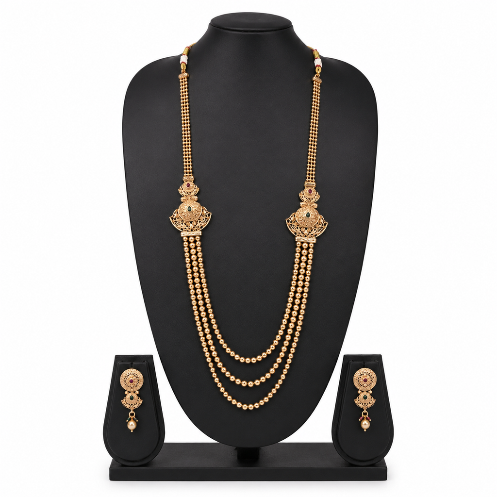 Regal Three-Layer Gold Beaded Rani Haar Set with Earrings