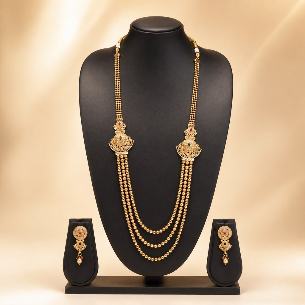 Regal Three-Layer Gold Beaded Rani Haar Set with Earrings