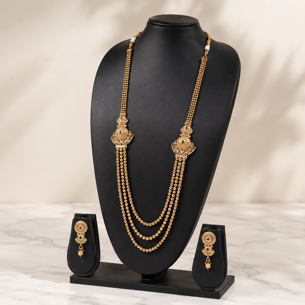 Regal Three-Layer Gold Beaded Rani Haar Set with Earrings