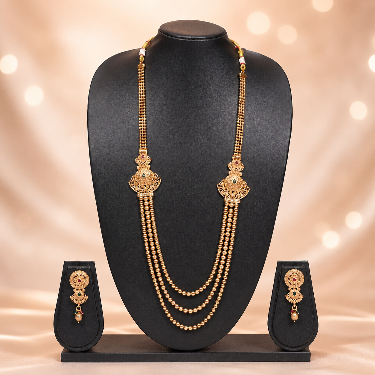 Regal Three-Layer Gold Beaded Rani Haar Set with Earrings