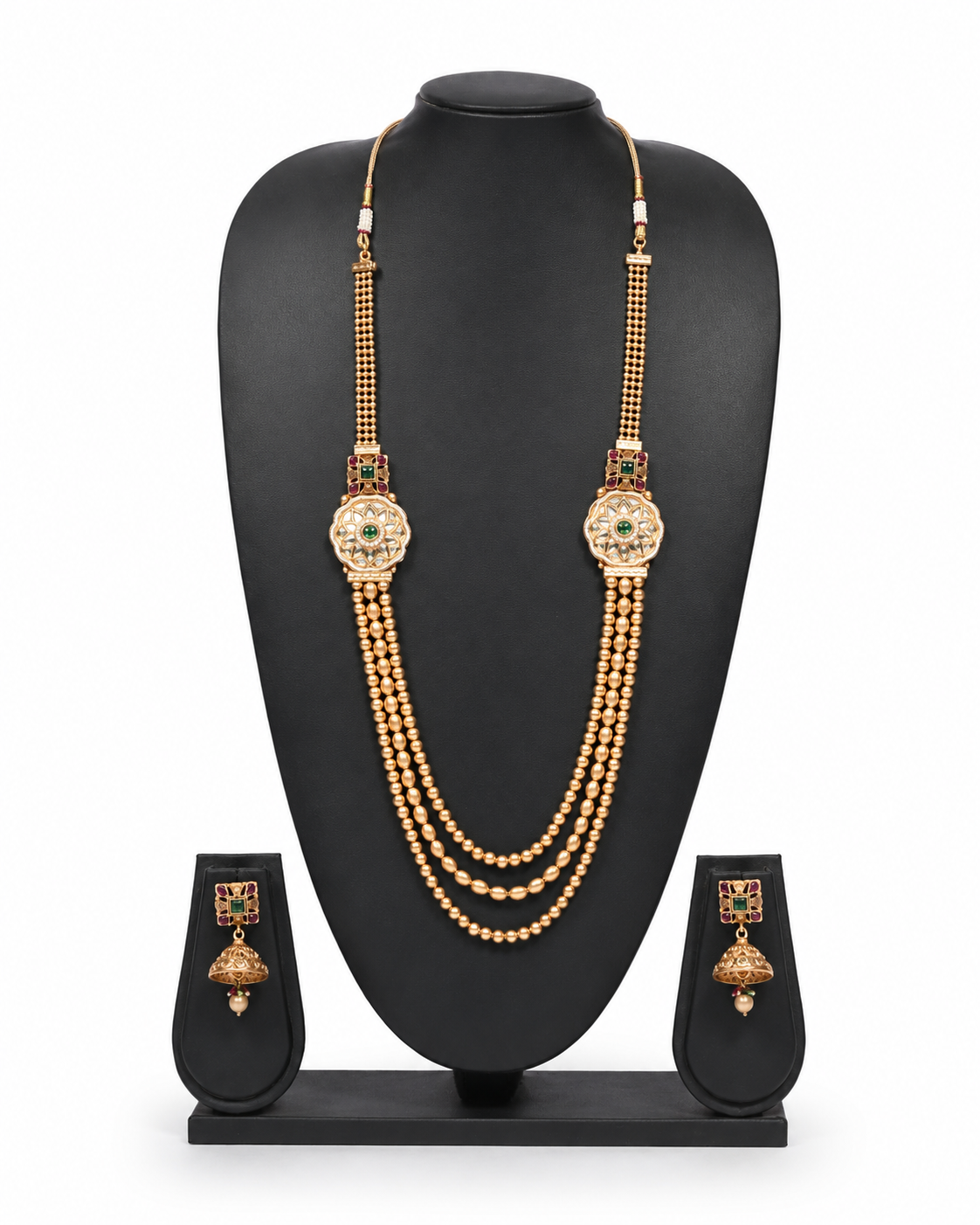 Exquisite Three-Layer Kundan &amp; Gold Beaded Rani Haar Set with Jhumkas
