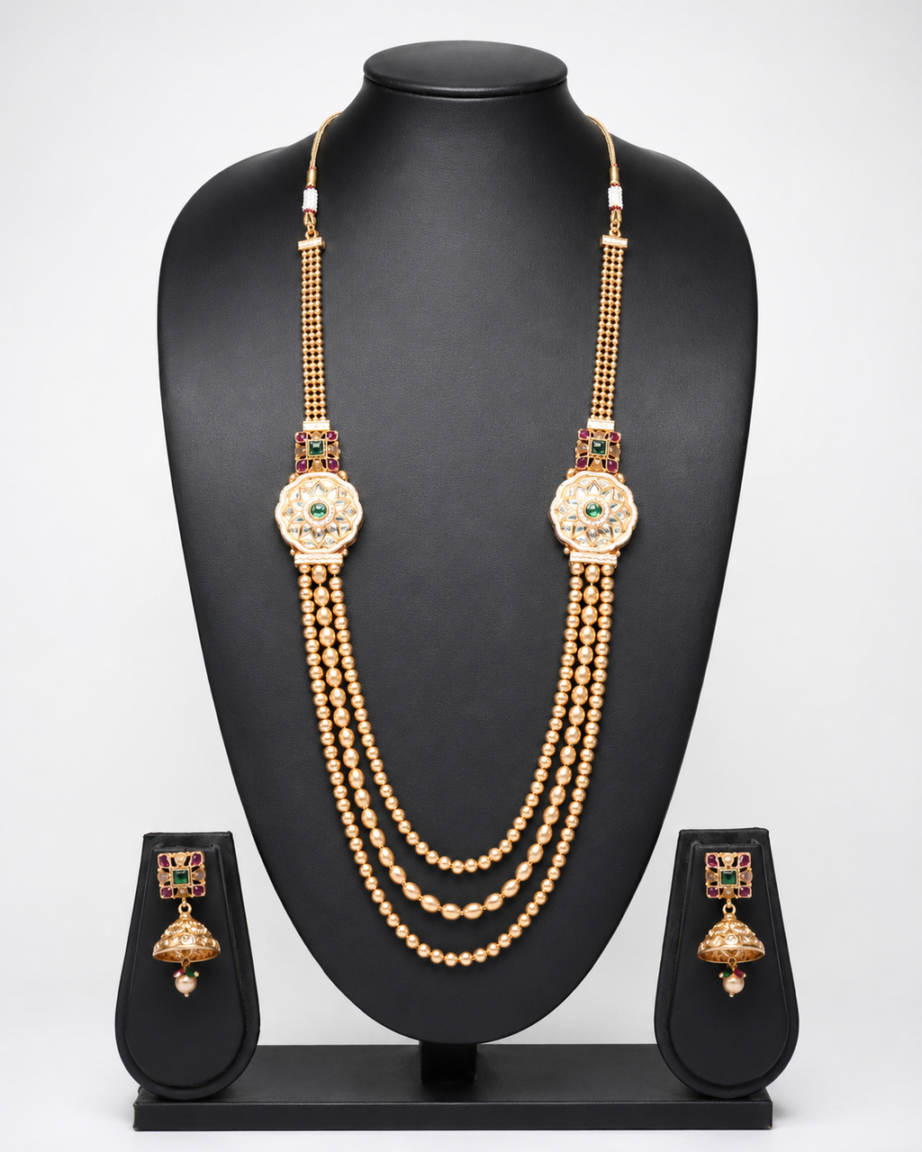Exquisite Three-Layer Kundan &amp; Gold Beaded Rani Haar Set with Jhumkas