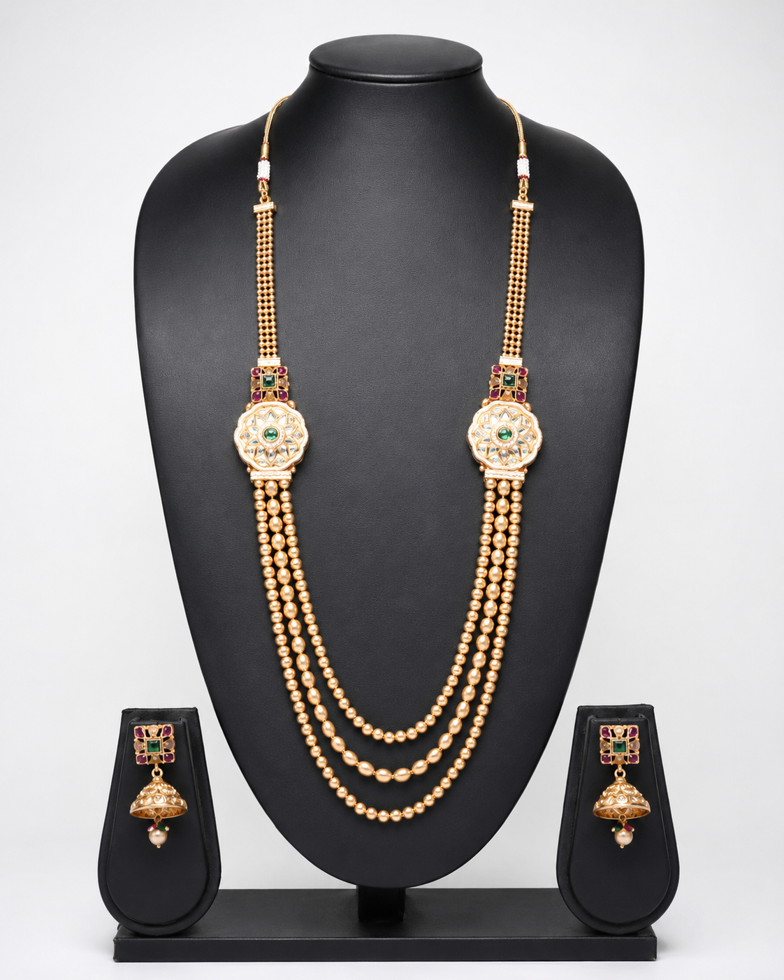 Exquisite Three-Layer Kundan &amp; Gold Beaded Rani Haar Set with Jhumkas