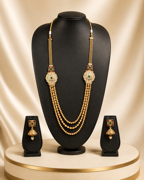 Exquisite Three-Layer Kundan &amp; Gold Beaded Rani Haar Set with Jhumkas