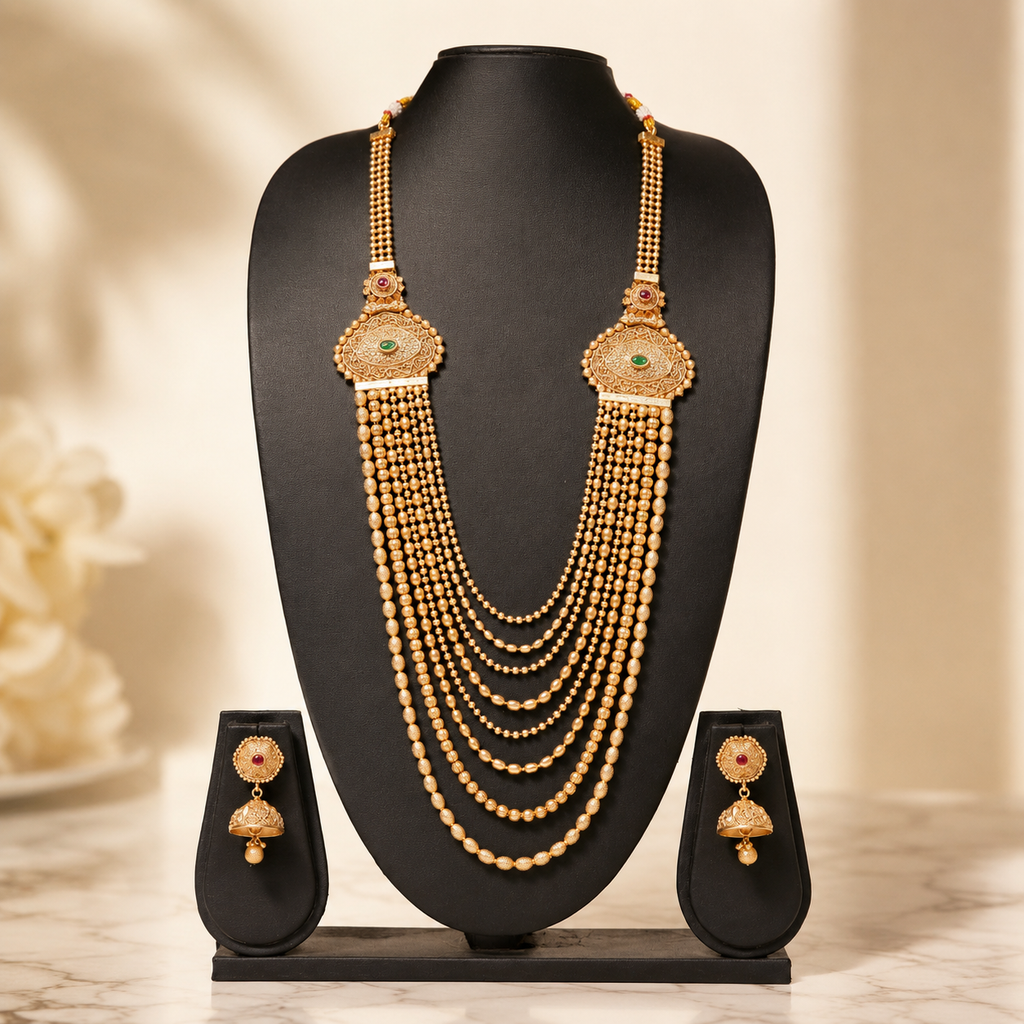 Royal Multi-Layer Gold Long Necklace Set with Earrings