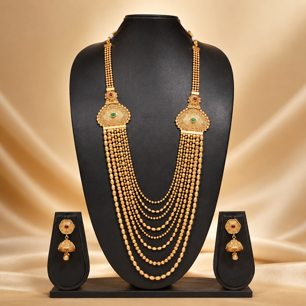 Royal Multi-Layer Gold Long Necklace Set with Earrings
