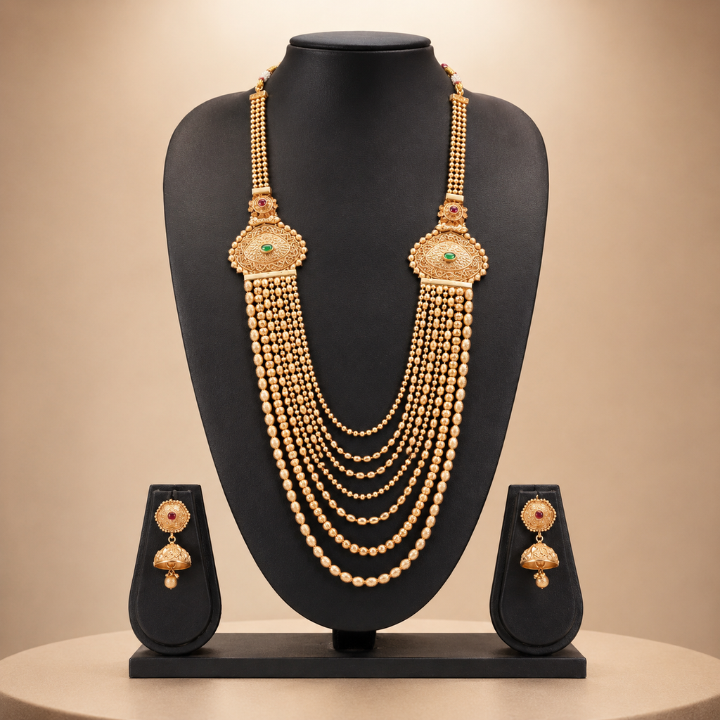 Royal Multi-Layer Gold Long Necklace Set with Earrings
