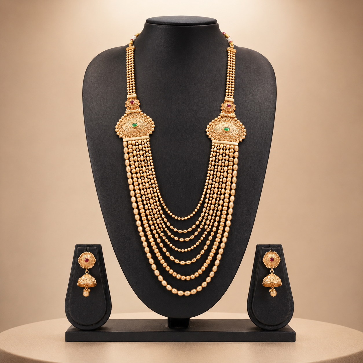 Royal Multi-Layer Gold Long Necklace Set with Earrings