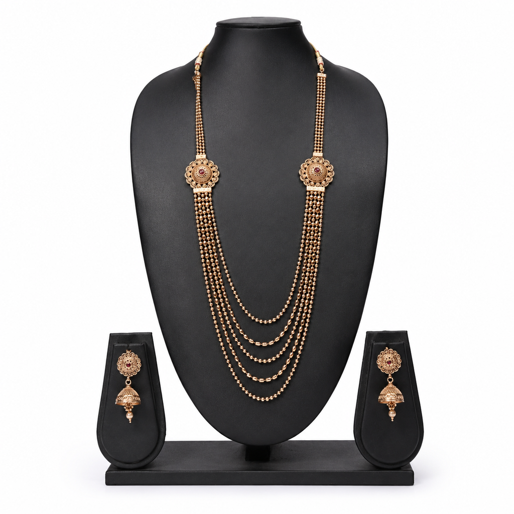 Traditional Five-Layer Gold Beaded Rani Haar Set with Jhumkas