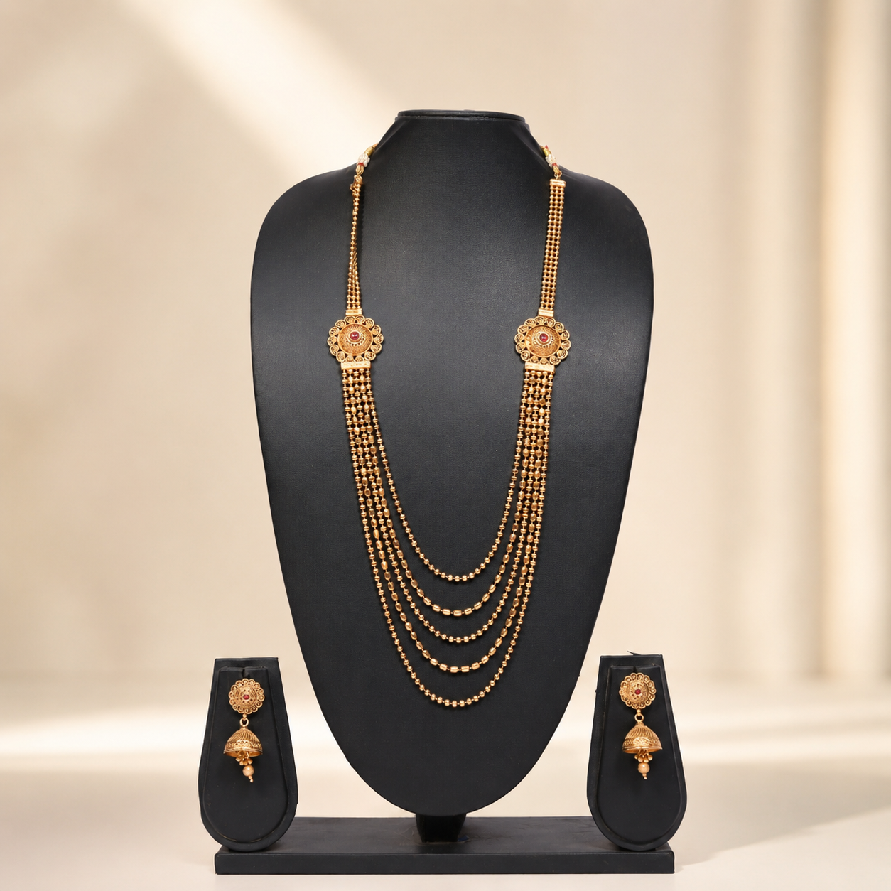 Traditional Five-Layer Gold Beaded Rani Haar Set with Jhumkas
