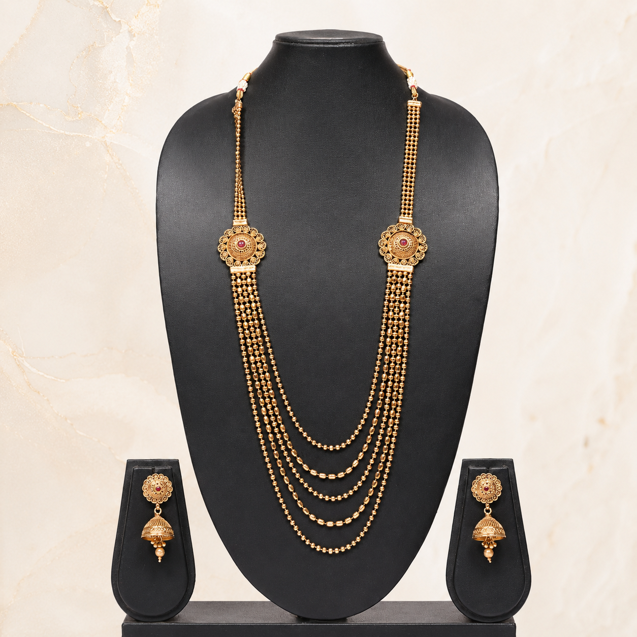 Traditional Five-Layer Gold Beaded Rani Haar Set with Jhumkas