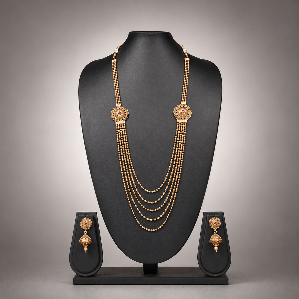 Traditional Five-Layer Gold Beaded Rani Haar Set with Jhumkas