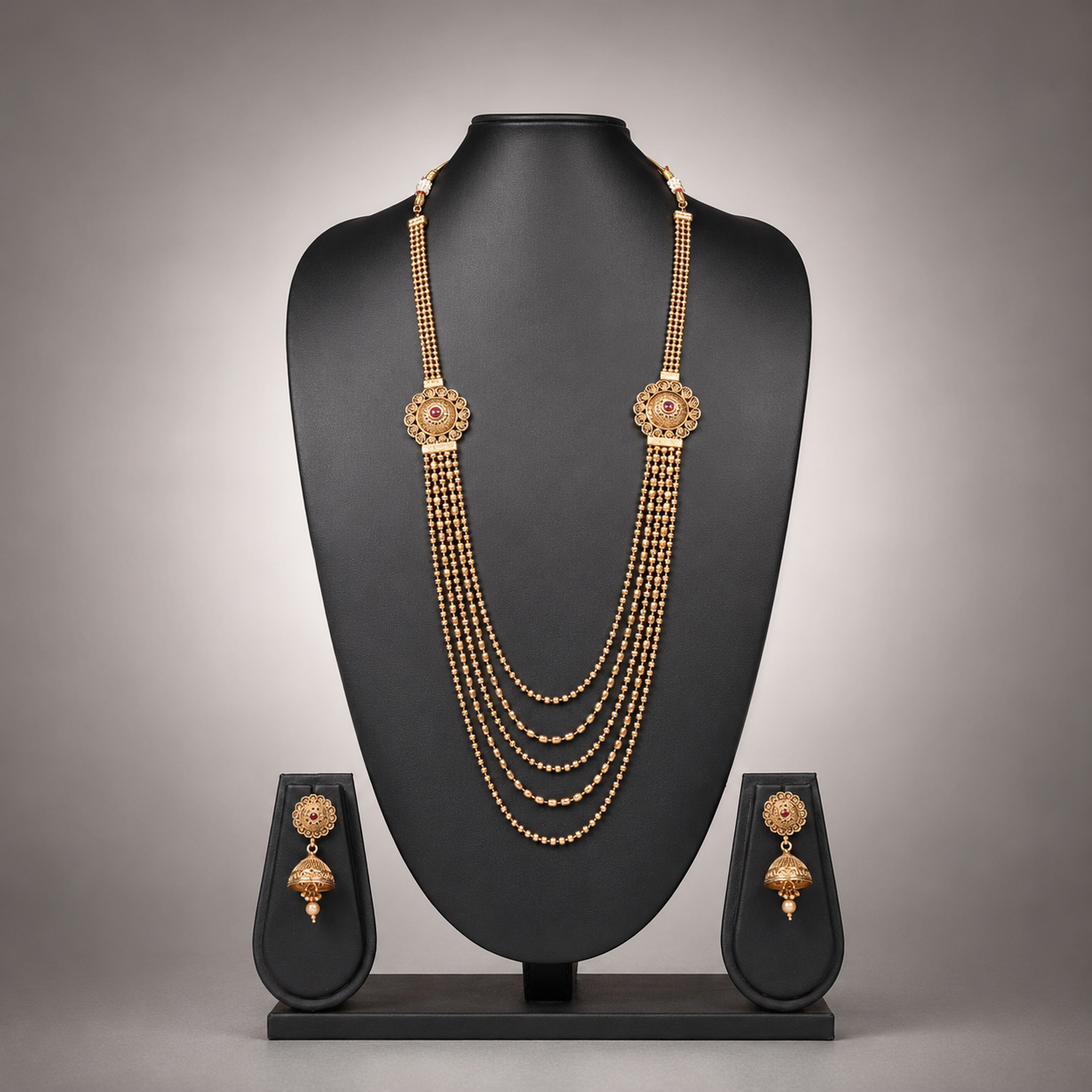 Traditional Five-Layer Gold Beaded Rani Haar Set with Jhumkas