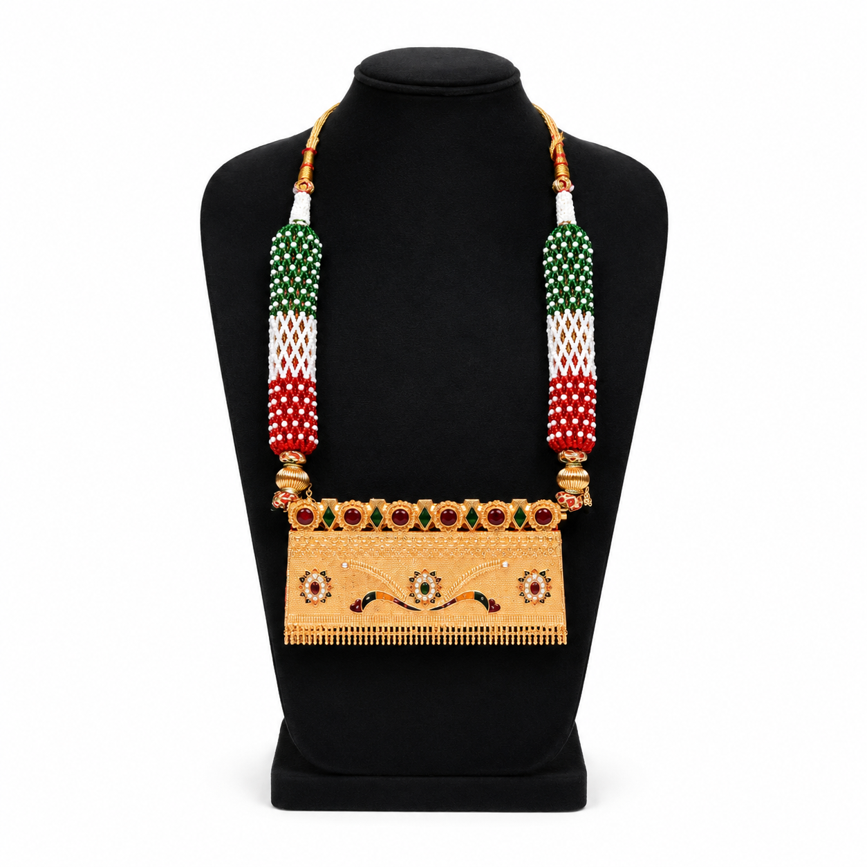 Vibrant Tri-Color Beaded Rajputi Aad Style Long Necklace