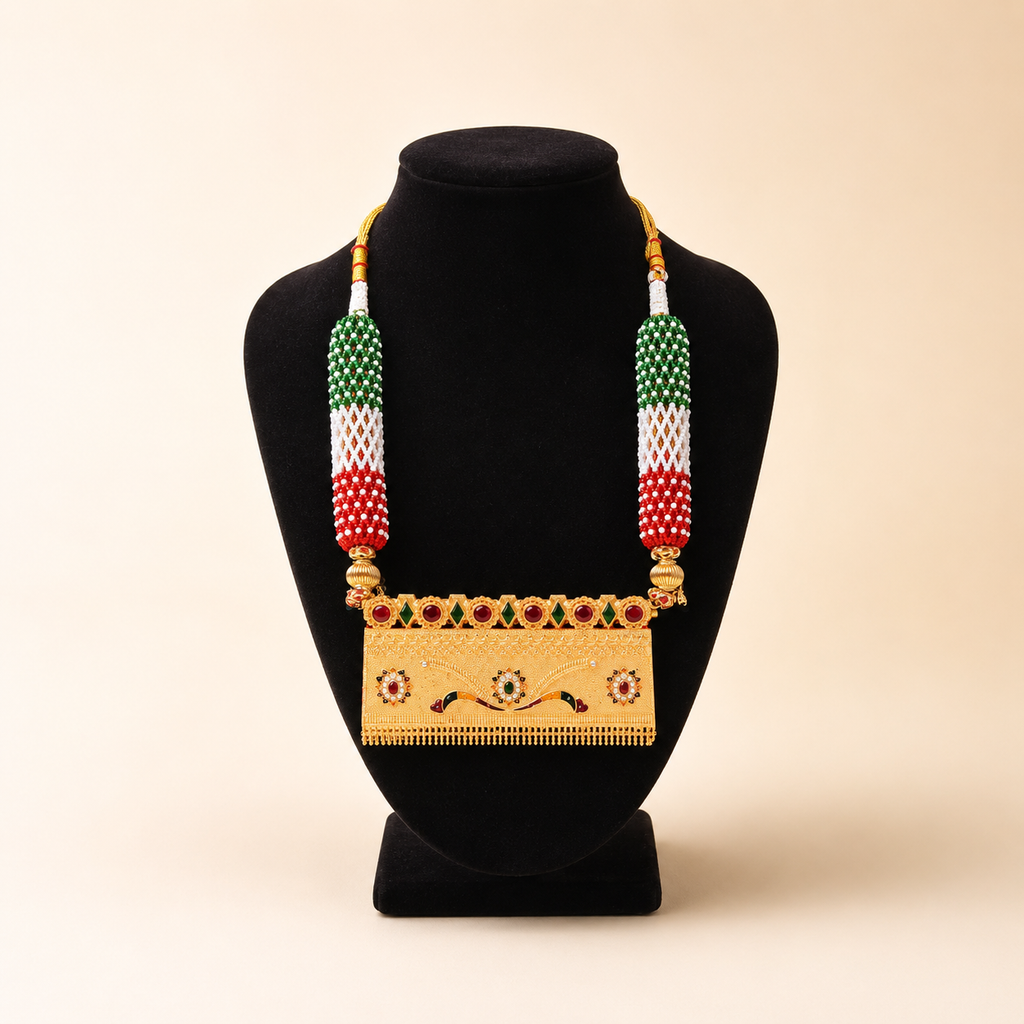 Vibrant Tri-Color Beaded Rajputi Aad Style Long Necklace