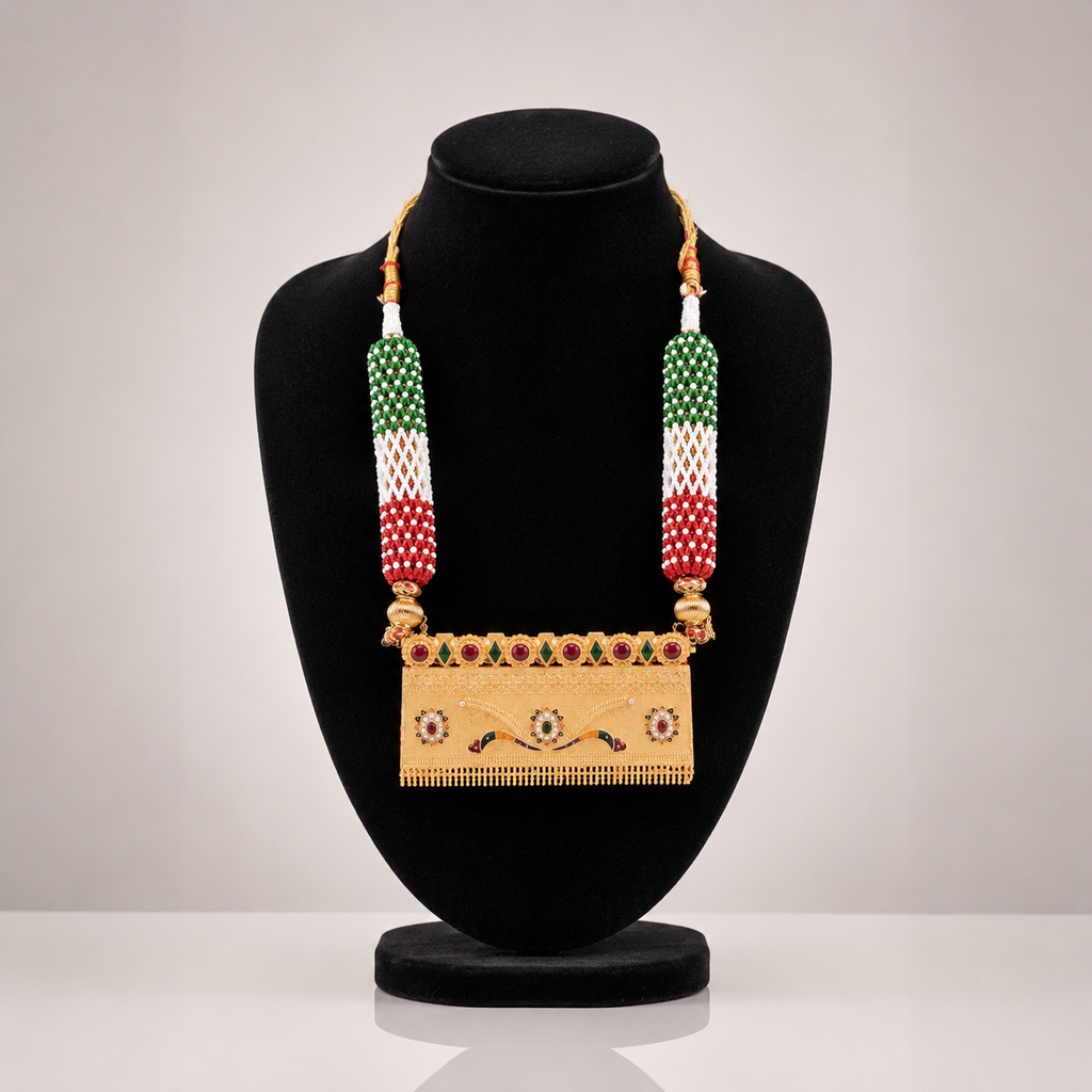 Vibrant Tri-Color Beaded Rajputi Aad Style Long Necklace