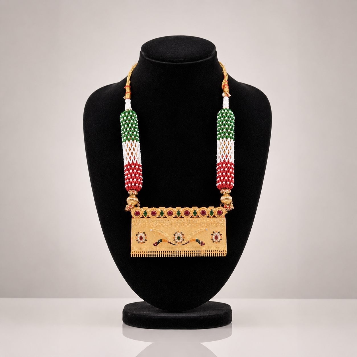 Vibrant Tri-Color Beaded Rajputi Aad Style Long Necklace