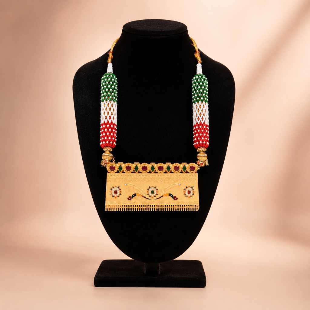 Vibrant Tri-Color Beaded Rajputi Aad Style Long Necklace