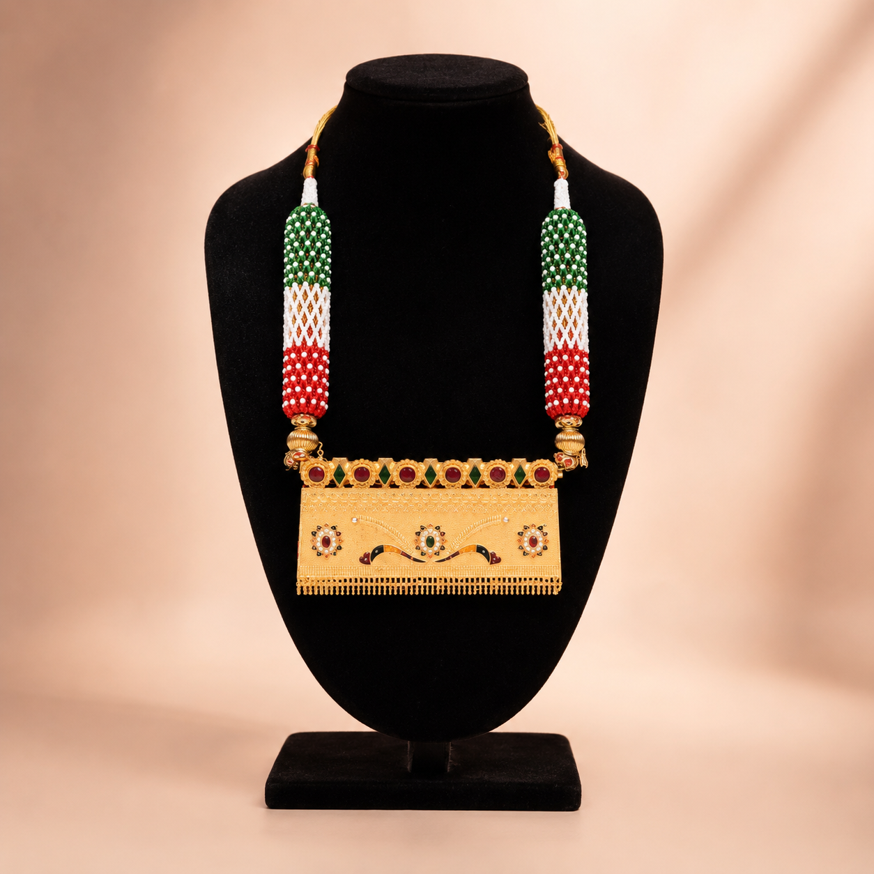 Vibrant Tri-Color Beaded Rajputi Aad Style Long Necklace