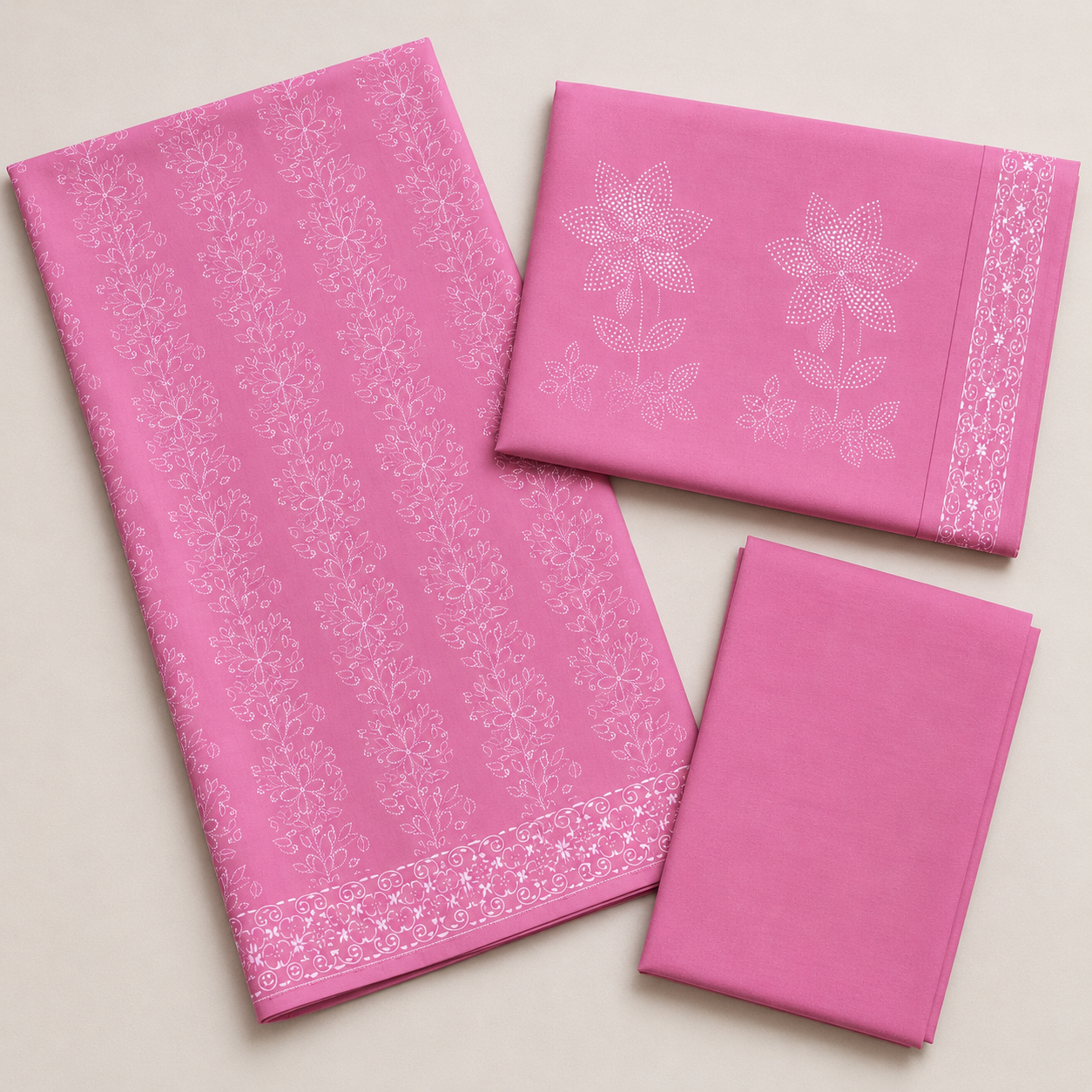 Vibrant Pink Floral Print Unstitched Cotton Fabric Set