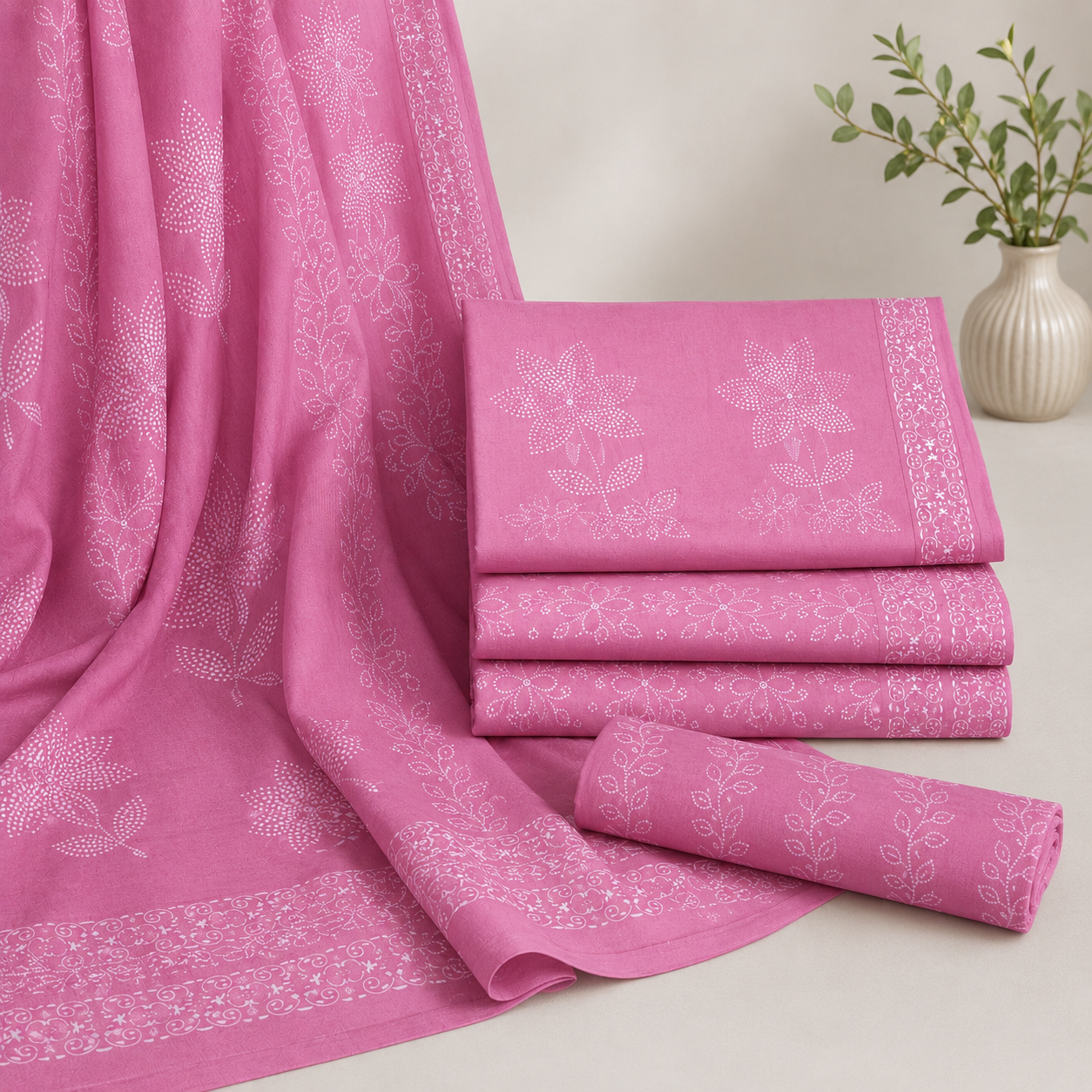 Vibrant Pink Floral Print Unstitched Cotton Fabric Set