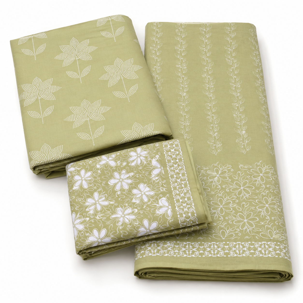Soothing Sage Green Mixed Floral Print Unstitched Fabric Set