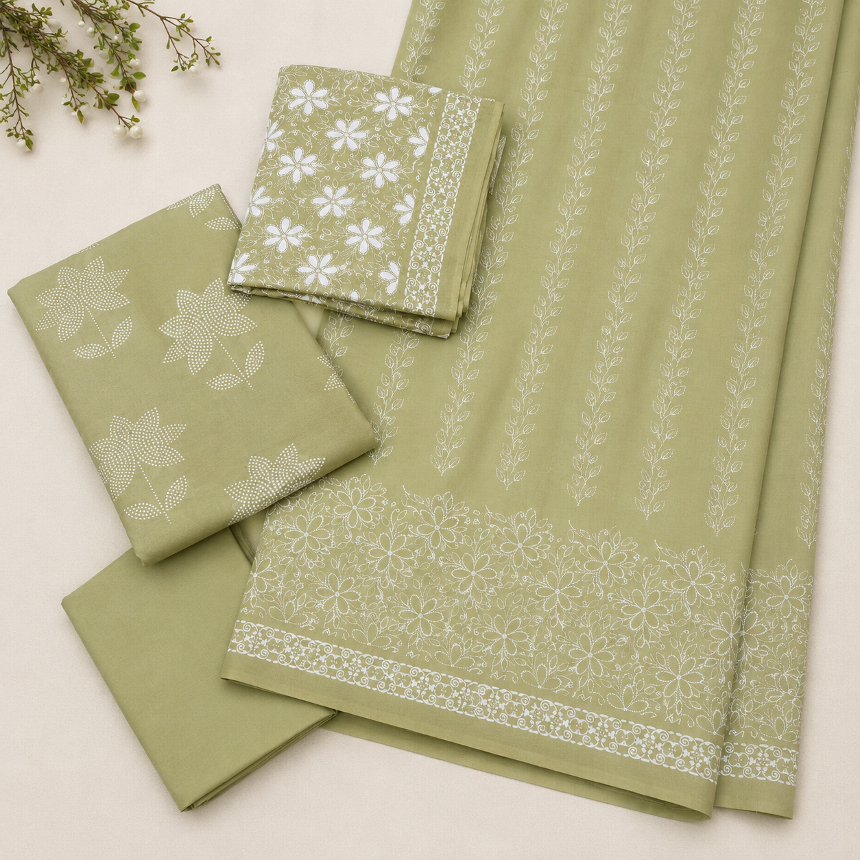 Soothing Sage Green Mixed Floral Print Unstitched Fabric Set