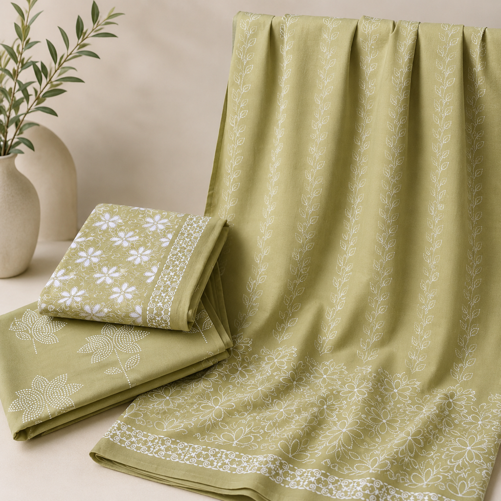Soothing Sage Green Mixed Floral Print Unstitched Fabric Set