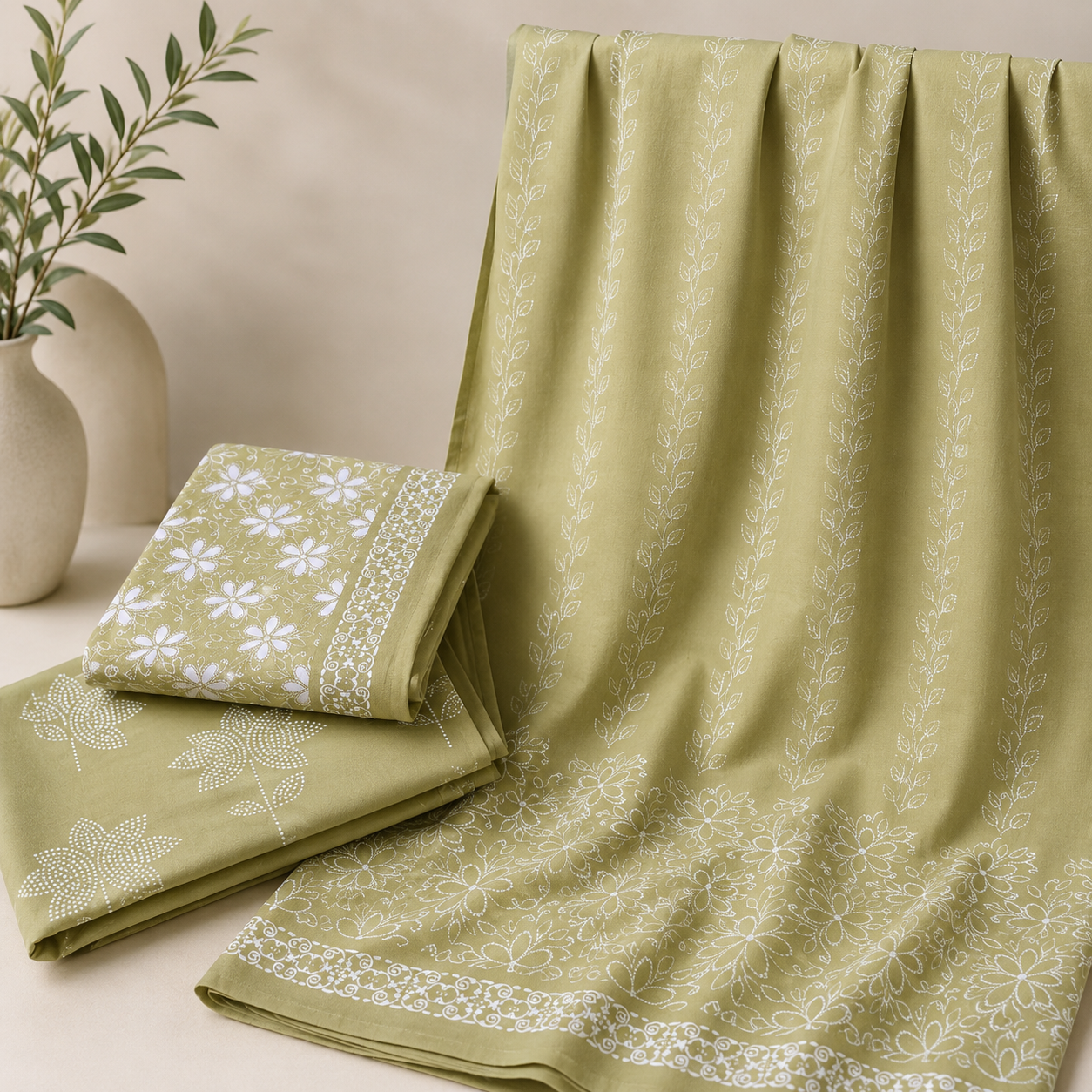 Soothing Sage Green Mixed Floral Print Unstitched Fabric Set