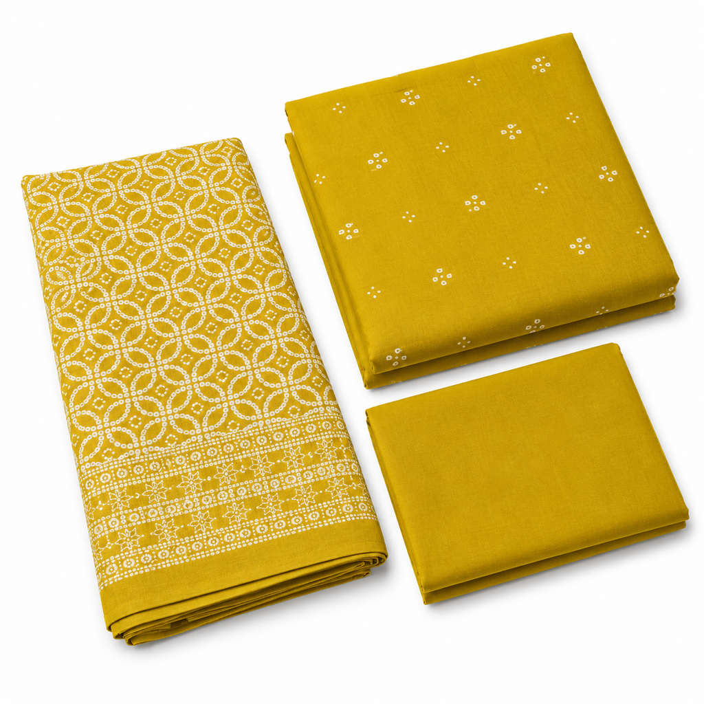 Mustard Yellow Bandhani Print Unstitched Cotton Fabric Set
