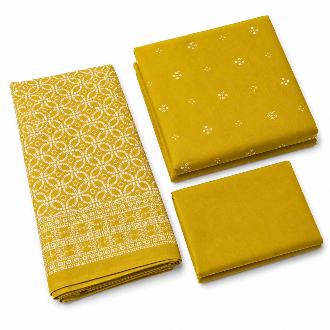 Mustard Yellow Bandhani Print Unstitched Cotton Fabric Set